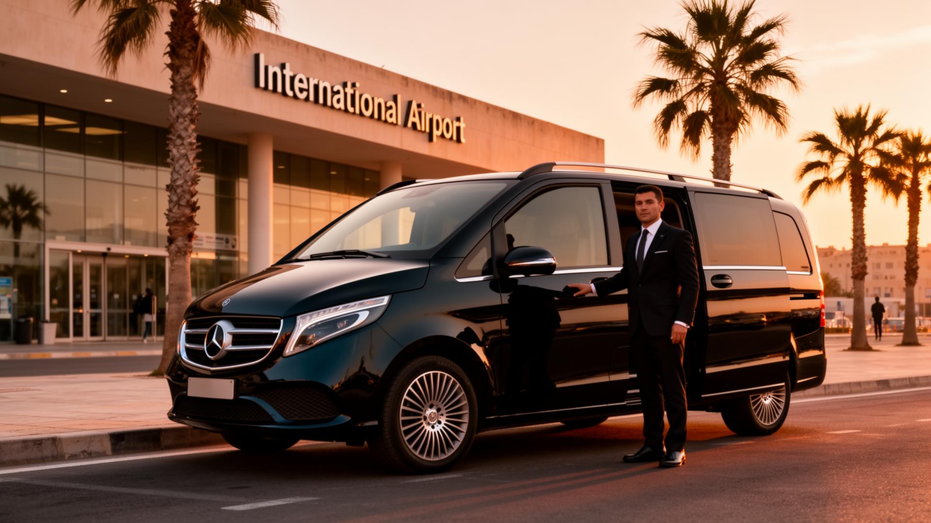 Private chauffeur with a black Mercedes V-Class outside Malta International Airport at golden hour